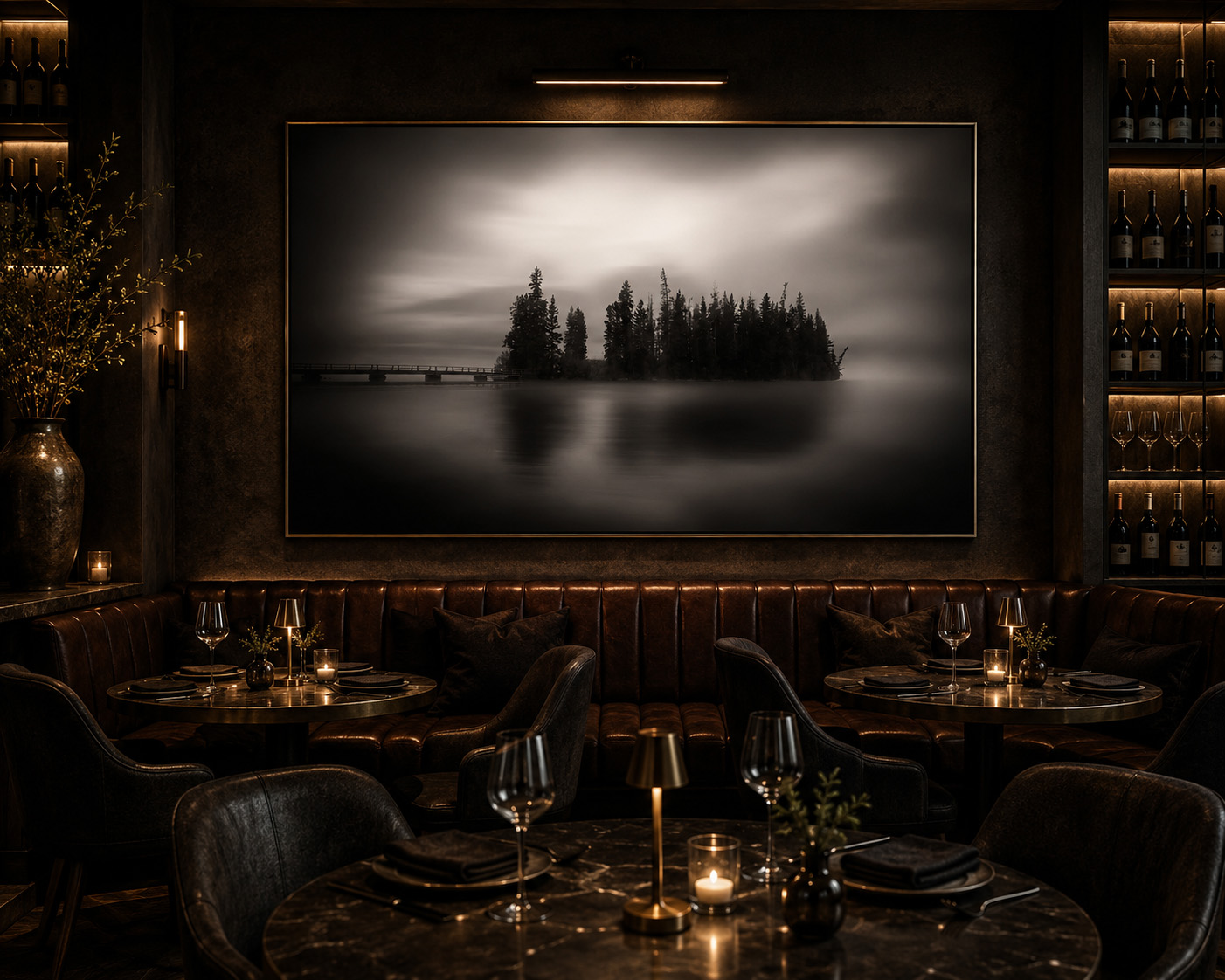 Boutique restaurant and wine lounge with moody black and white lake island photography by Dan Sproul
